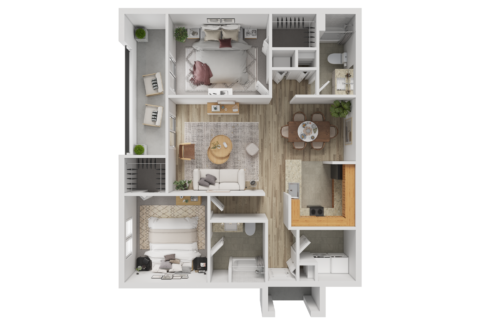 B1 Floor plan, a two-bedroom, one-bathroom apartment with living room, dining area, galley-style kitchen, two bedrooms with closets, a bathroom with a bathtub, in-unit washer and dryer, and a private balcony with seating.