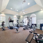 Gym with large windows and cardio and strength equipment.