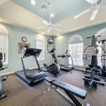 Gym with large windows and cardio and strength equipment.
