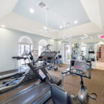 Gym with large windows and cardio and strength equipment.